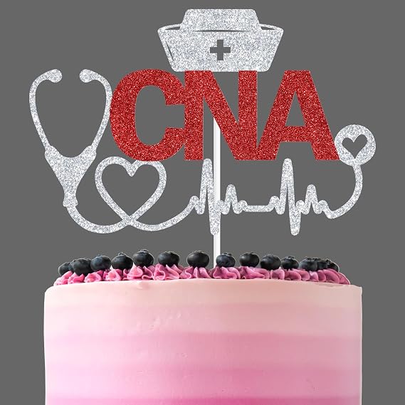 Red Glitter CNA Cake Topper, Class of 2026/CNA 2026/Officially CNA, 2026 CNA Graduation Party Decorations Supplies