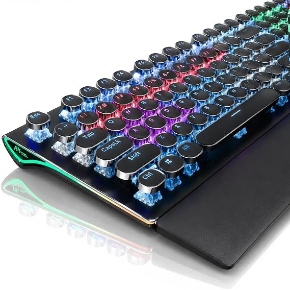RK ROYAL KLUDGE S108 Typewriter Mechanical Keyboard, Wired Gaming Keyboard with Number Pad, Full Size Retro Keyboards w/Detachable Wrist Rest for Mac/Win/PC, Clicky Blue Switch, Rainbow Backlit Black
