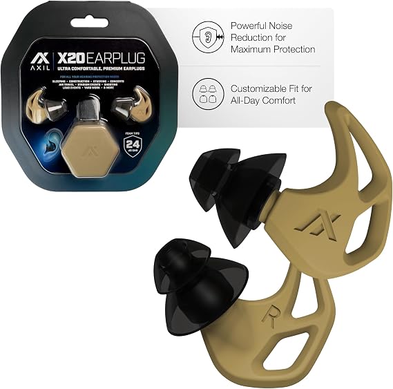 AXIL X20 Noise Reduction Ear Plugs, 24dB Hearing Protection, Desert Tan