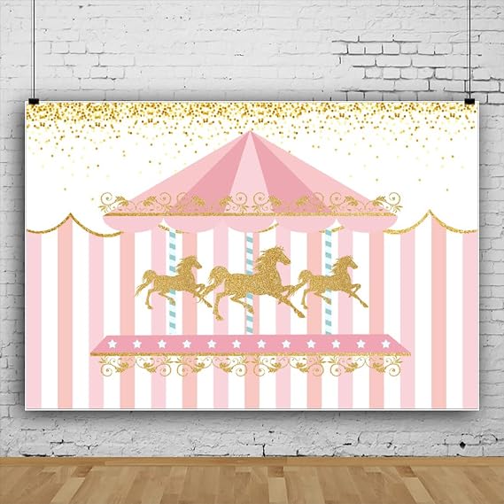 6x4ft Polyester Carousel Backdrop Baby Girl 1st Birthday Cake Smash Gold Sequins Pink Stripe Photography Background Baby Shower Carousel Girls Boys Birthday Party YouTube Photo Prop