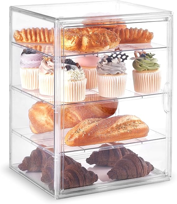 Pastry Display Case,Large Bread Box for Kitchen Countertop,4 Layers Adjustable Bakery Display Case,Clear Breadbox for Baked Goods Cookie Dessert Cupcake Kitchen Counter 15.5x11.4x9.9 Inch