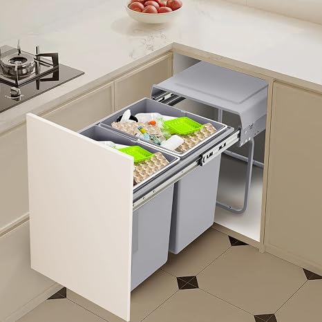Pull out Kitchen Bin 2 x 20L Built in Rubbish Bin Waste System, Low Kitchen Rubbish Can, Sliding Recycle Waste Bin, Waste System, 2-Way Separation, 49x35x43cm