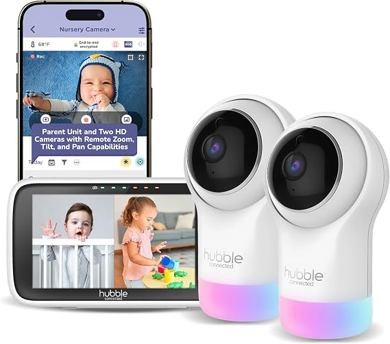 HUBBLE CONNECTED Nursery Pal Glow+ Twin 2 Cameras, Home Display, Nightlight | 7-in-1, 7-Color Night Light, Sleep Trainer, Secure Remote Access, with 2X Full HD Baby Monitor Cameras and 5 Parent Unit