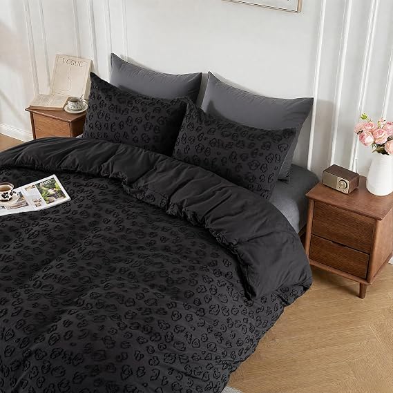 Tufted Black Leopard Duvet Cover Queen Size,2 Pillow Shams, No Comforter