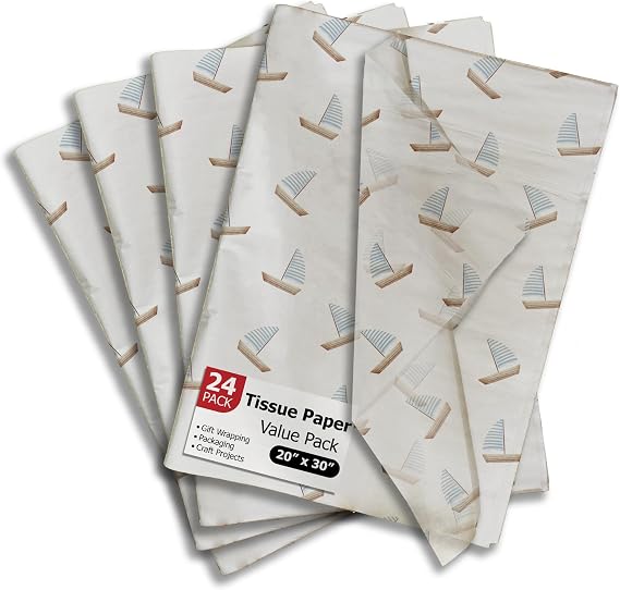 Pro Supply Global Sailboats Printed Tissue Paper for Gift Bags or Boxes and Wrapping - Father's Day Bulk Decorative Art Tissue Paper for Packaging and Gifting | 24 Sheets 20" x 30"