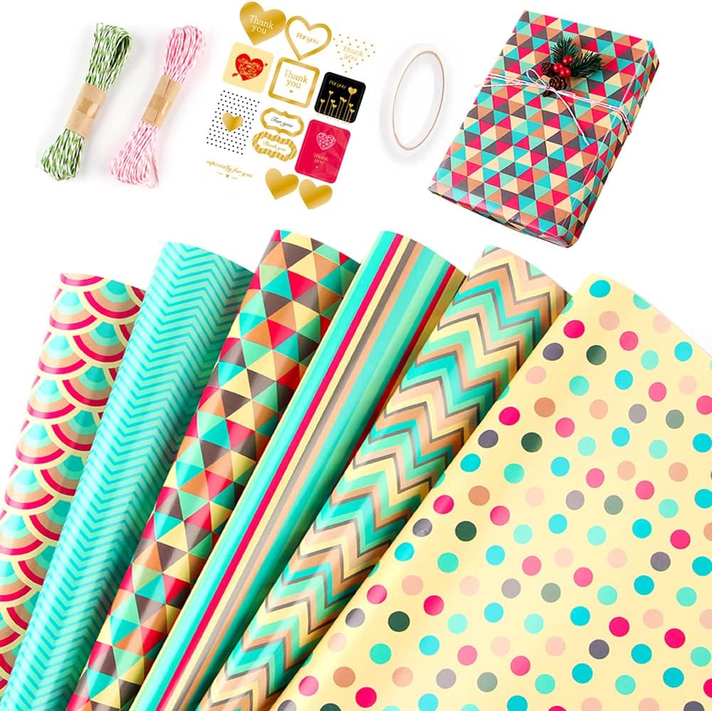 Gift Wrapping Paper, 10Pcs Birthday Xmas Wrapping Paper Sheets Recyclable Gift Wrap with 2 Ropes, 1 Tap, 1 Sticker, Christmas Gifts Wrapping Paper for Wedding Valentines Anniversary Party Girls Boys