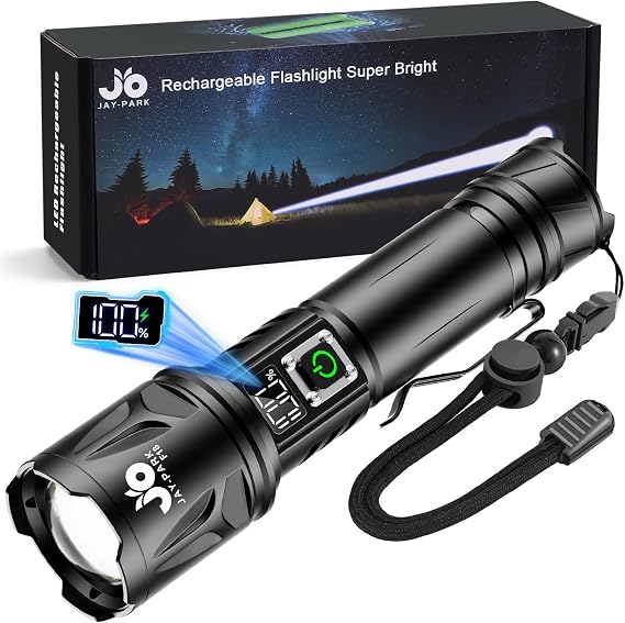 JAY-PARK High Lumen Flashlight 100000 Lumen Rechargeable 5000mAh Battery