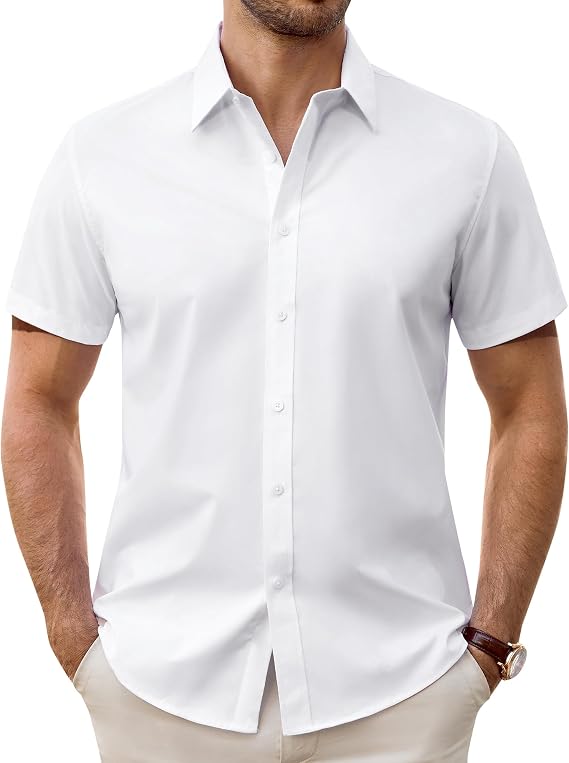 Men's Short Sleeve Dress Shirts Stretch Stain Shield Button Down Shirt