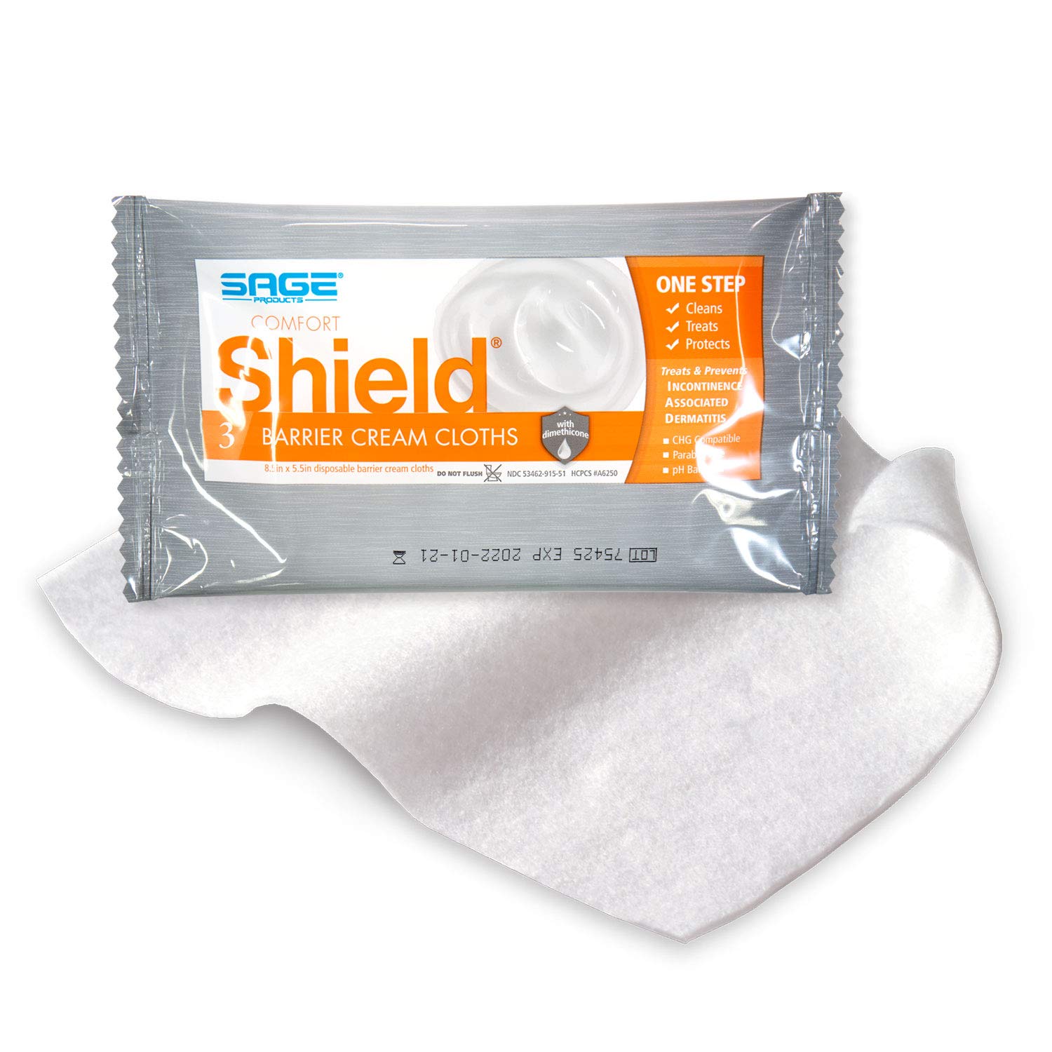 Comfort Shield Barrier Cream Cloths - 3 clothspk - Incontinence Skin Care Wipes #7502 1 package, 3 wipes