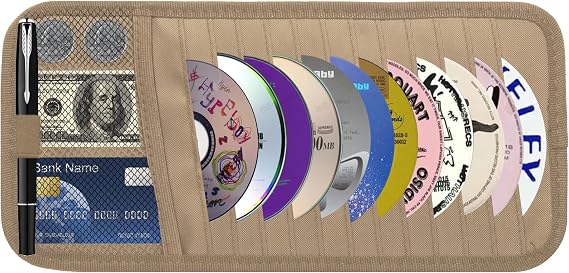 CD Visor Holder for Car, Large Capacity CD & DVD Visor Case | Vehicle Visor Storage Organizer with 12 Disc Sleeves, 1 Mesh Pocket 1 Pen Holder and & Elastic Band (Khaki)