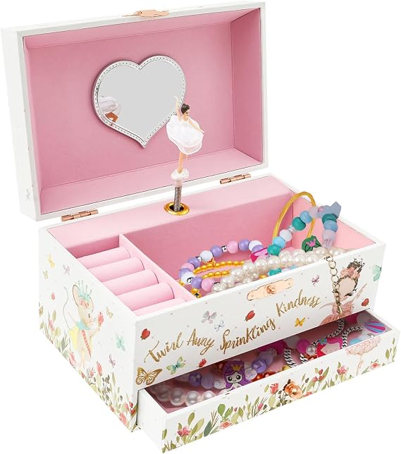 Musical Jewellery Box for Girls, 2 Layer Kids Dancing Music Box with Mirror Jewelry Organizer with Drawer Bracelet Ring Holder Case for Girls Kids Present(White)
