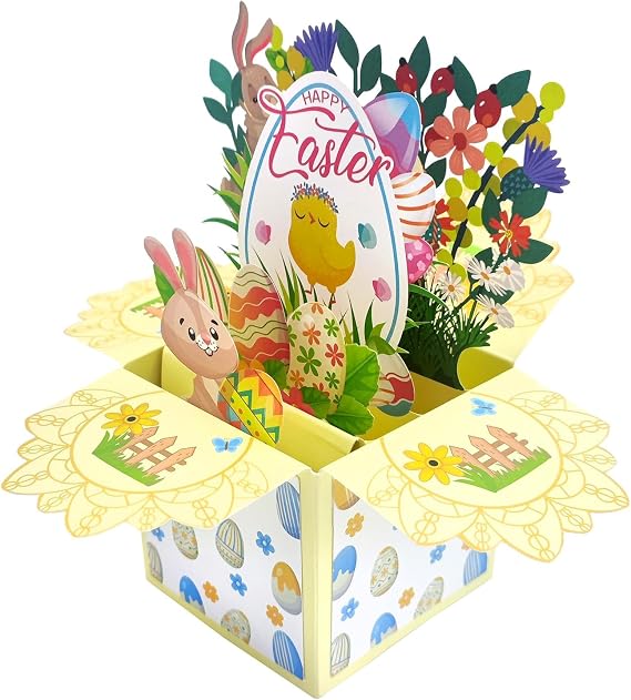 Easter Cards Easter Cards with Envelope Easter Card Happy Easter Card Pop Up Card Easter Happy Easter Card with Envelope Easter Cards 3D with Rabbits Easter Egg and Floral Pattern (C)
