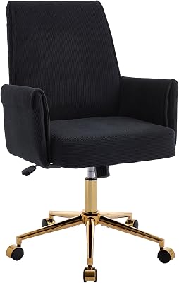 YITAI Stripes Velvet 360°Swivel Desk Chair, Modern Height Adjustable Home Office Armchair with Gold Base and Wheels for Vanity, Comfy Computer Chair for Study Living Room Bedroom（Black