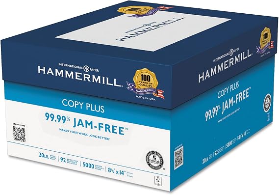 Hammermill 105015CT Copy Plus Copy Paper, 92 Brightness, 20lb, 8-1/2 x 14, White, 5000 Sheets/Carton (HAM105015CT)