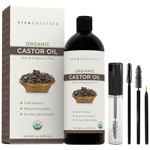 Viva Naturals Organic Castor Oil, Cold-Pressed, 16 fl oz For Face, Hair, Eyelashes, USDA Organic, Non-GMO - With Beauty Kit