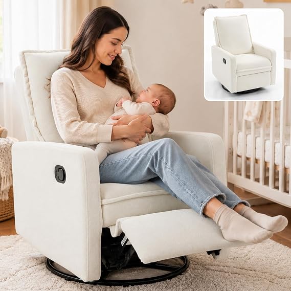 Swivel Glider Chair for Nursery, White Recliner Rocking Chair for Adults, Small Recliners for Small Spaces,Extendble Footrest, Adjustable Backrest, Velvet (White, 1)