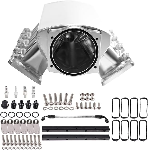 For LS LS1 LS2 LS6 Intake Manifold Low Profile Cathedral Port 102mm Compatible with Chevy GMC Pontiac Sheet Metal Fabricated (Silver)