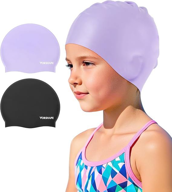Kids Swim Cap 2 Pack,Silicone Swim Cap for Kids Ages 3-15