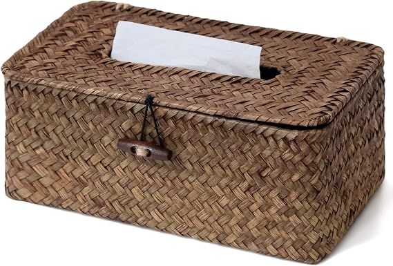 Rectangle Wicker Tissue Box Cover, Woven Seagrass Tissue Holder, Brown