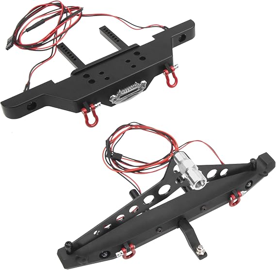 RC Front Bumper & Rear Bumper with LED Lights Headlights Tow Hook Spare Tire Carrier Compatible with Axial SCX10 Traxxas TRX4 90046 90047 SCX10-iii AX10300 1/10 RC Crawler Car