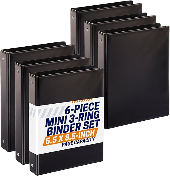 Mini 3 Ring Binder 1 Inch, 6 Pack, 5.5x8.5 Half Letter, Black - Performore | Holds 175 Sheets, A5 Small Binder, Clear View Covers, 2 Pockets, PVC-Free Polypropylene, for School and Office