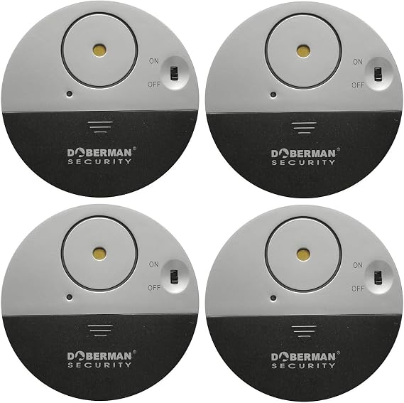 WER Doberman Security Slim Window Alarm, Loud 100dB Alarm and Vibration Sensors, Modern & Ultra-Thin, Design Compatible with Home, Office, Dorm Room or Even RV (4 Pack)