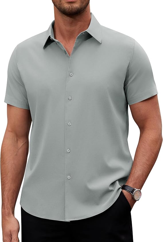 Alimens & Gentle Men's Short Sleeve Dress Shirts Stretch Regular Fit Shirt Casual Button Down Business Shirts