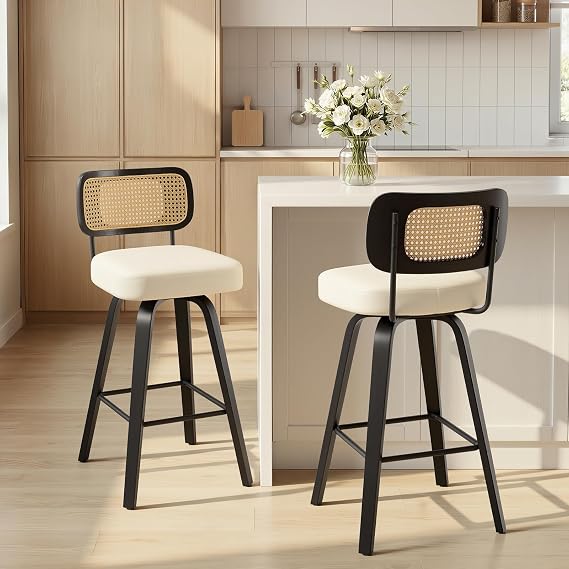 29" Bar Height Swivel Bar Stools Set of 2, Rattan Back, Cream
