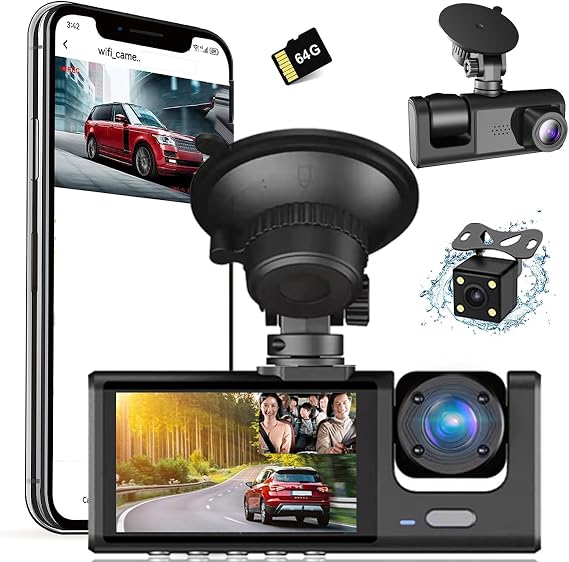 3 Channel 4K Dash Cam Front and Rear,1080P Full HD Dash Camera for Cars with 64G SD Card Built-in WiFi Car Dashboard Camera Recorder with 2'' IPS Screen 170Wide Angle,WDR G-Sensor Parking Mode