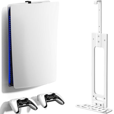 Wall Mount for PS5 with 2 Controller Holders, Sturdy Metal Console Holder Compatible with PlayStation 5, PS5 Slim, PS5 Pro Disc & Digital Editions, White