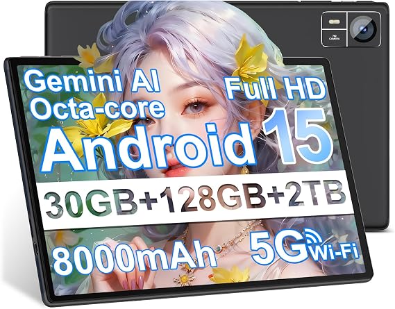 Tablet Android 15 Octa Core 30GB RAM + 128GB ROM (2TB TF) tablets 10 Inch | 5G + 2.4G WiFi | GPS |Widevine L1|Gemini AI|FHD | Bluetooth 5.0 | 8MP + 5MP | Type C, Tablets with a case - Black