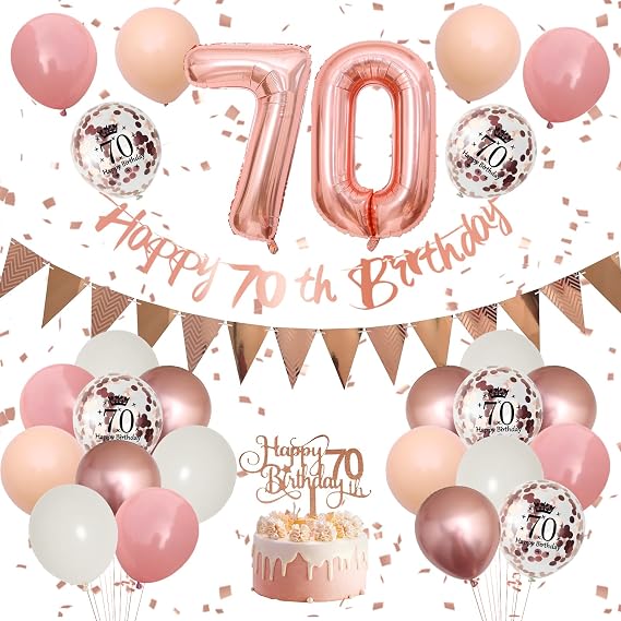 70th Birthday Decorations Retro Pink Rose Gold, 70th Birthday Balloons Set