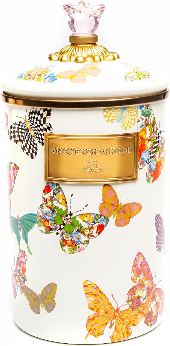 MACKENZIE-CHILDS Enamel Canister, Large, White Butterfly Garden