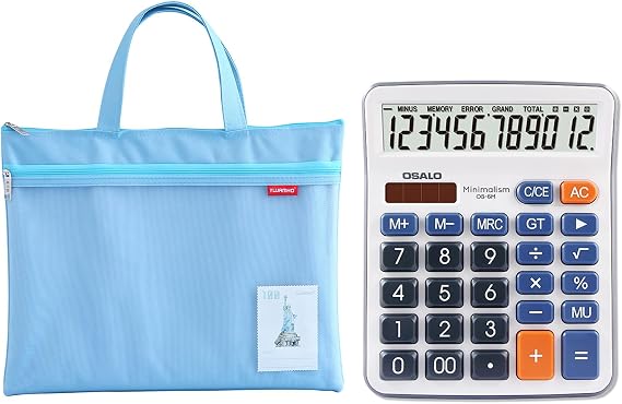 Desktop Calculator and Waterproof Mesh Zipper Pouch Bundle, A4 Size Large Double Pocket Waterproof Foldable File Bag with Handle, Battery Solar 12 Digit Handheld Portable Pocket Basic Calculator