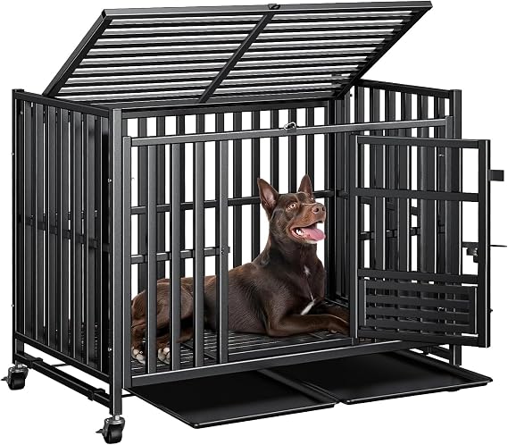 Heavy Duty Dog Crate, Upgraded Thickened Steel Frame Indestructible Kennel for Large & High Anxiety Dogs, Escape Proof Design with 3 Doors, 4 Lockable Wheels and 2 Removable Trays