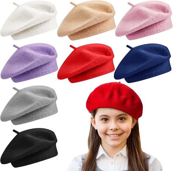 Laumoi 8 Pcs Kids Beret Hat for Girls Wool French Beret Artist Cap
