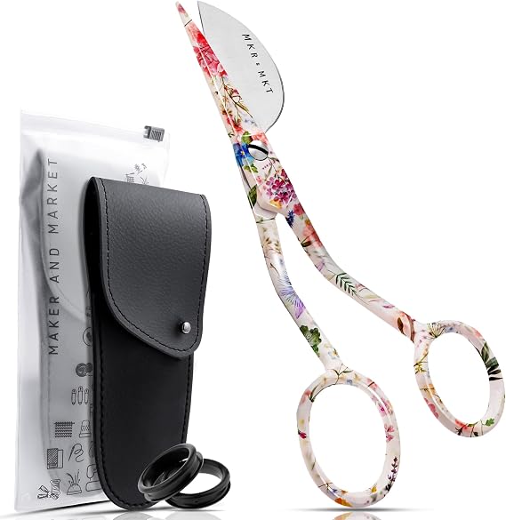 Applique Pelican Duckbill Blade 5.8 Inch - Double Bent Curved Offset Handle Scissors with Pouch Sleeve for Embroidery, Fabric, Thread, Knitting, Sewing, Arts & Craft (Floral)