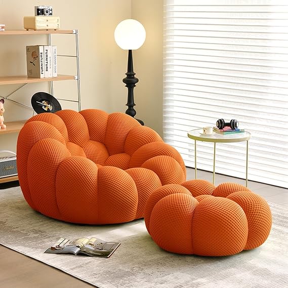 Oversized Single Lazy Sofa,Ultra Comfy 1-Seat Fireside Sofa Chair,Upholstered Bubble Single Floor Sofa,3D Honeycomb Shape Bubble Sofa Curved Couch for Living Room, O Orange, 20240526
