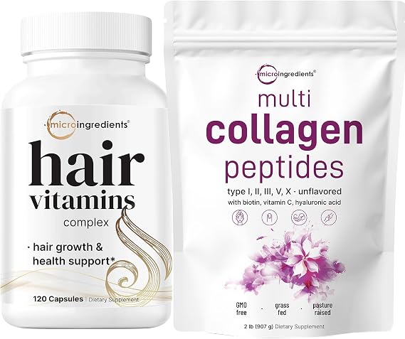 Micro Ingredients Multi Collagen Protein Powder 2 Pounds & Hair Vitamins Complex Capsules Bundle Pack | Grass-Fed Collagen Peptides | 14-in-1 Advanced Hair Growth Support