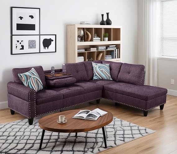 Fabric Sectional Sofa Couch Set for Living Room Set, L-Shape Sofa Sectional Couch with Hidden Table&Cup Holders for Living Room/Office/Apartment(Purple)