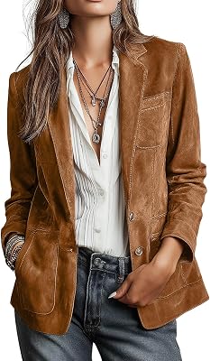 CHOUYATOU Womens Retro Faux Suede Leather Blazer Jacket Notched Collar Work Dressy Business Casual Coat
