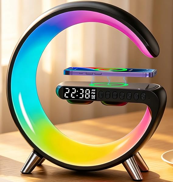 Smart LED Table Lamp with Wireless Charger, RGB Night Light, Bluetooth Speaker, Sunrise Alarm Clock & App Control Bedside Lamp with Charging Station for Bedroom Office Home Decor, Teen Girls Boys Gift