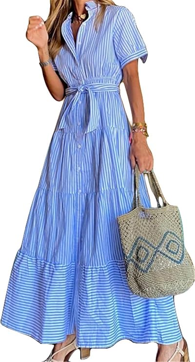 Qikaka Women's Short Sleeve Lapel Button Stripes Printed Bodycon Sexy Nightclub Party Belted Dress