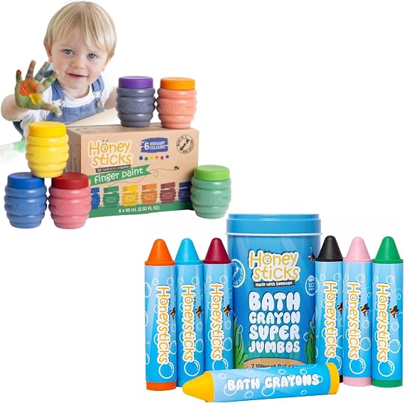 Honeysticks Non Toxic Finger Paint (6 Bright Colors) and Super Jumbo Bath Crayons (7 Pack), Perfect Gifting for Toddlers and Children, Non Toxic, Natural - Made with Love in New Zealand
