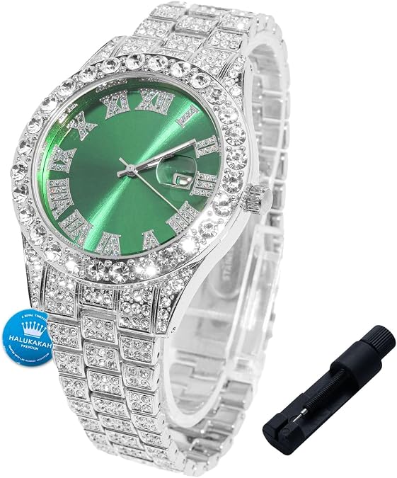 Halukakah Diamonds Gold Watch Iced Out for Boy Teens Kids - 18K Real Gold/Platinum Plated,42mm Blue/Green/Red Dial,Japanese Quartz - 8" Length - Optional with Cuban Link Chain,with Watch Adjuster Tool
