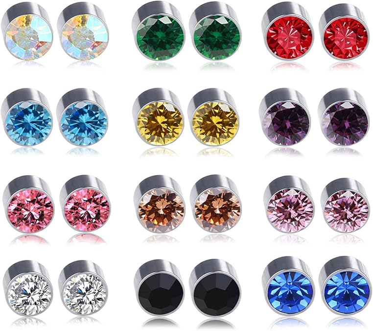 Spiritlele 12 Pairs Colors Crystal Magnetic Earrings Set Fake Stud Earrings Clip on Non Piercing Earrings Pack Unisex