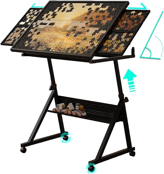 Adjustable Puzzle Table for Adults 1500 Pieces - Tilting Jigsaw Puzzle Board with Wheels & Storage Trays, Portable Puzzle Desk with Wooden Cover & Height Adjustable Stand (Black)