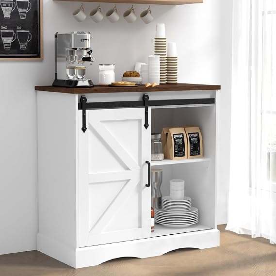 HOMFAMILIA 31.5" H Farmhouse Coffee Bar Cabinet w/Storage, White Kitchen Coffee Station with Sliding Barn Door, Rustic Buffet Cabinet with Adjustable Shelves, for Kitchen, Living Room, White