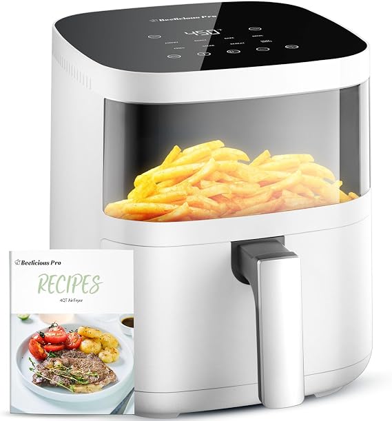 Air Fryer, Beelicious 8-in-1 Smart Compact 4QT Air Fryers with Viewing Window, Shake Reminder, 450F Digital Airfryer with Flavor-Lock Tech, Dishwasher-Safe & Nonstick, Fit for 1-3 People, White