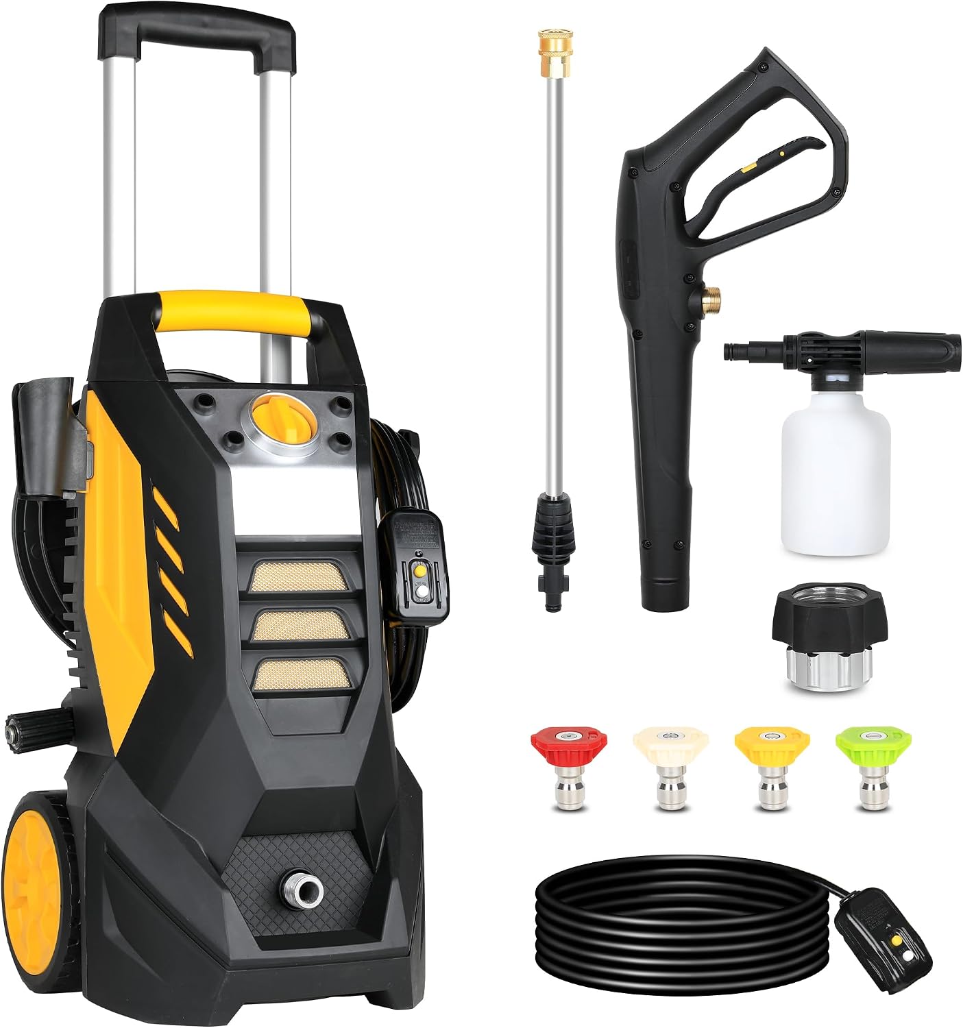 Solution4Patio Electric High Pressure Washer, 1500 PSI, 2.3 GPM, 1800W Power Motor with 30FT Pressure Hose and 35 FT Power Cord, 500ML Soap Bottle, 4 Quick Connect Nozzles -Yellow